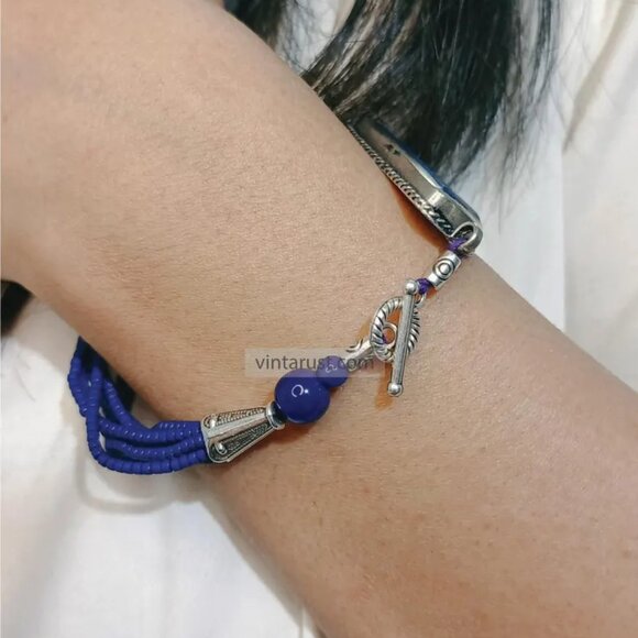 Single Handcrafted Lapis Bracelet, Bohemian Silver Kuchi Bracelet, Afghan Tribal - Picture 3 of 4